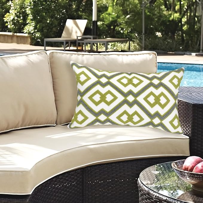 Alysheer Embroidered Lumbar Decorative Throw Pillow Cover 12"x 20", Classic Boho Geometric Embroidery Pattern Cotton Rectangular Cushion Case for Sofa Couch Living Room Bedroom(Green Grey)