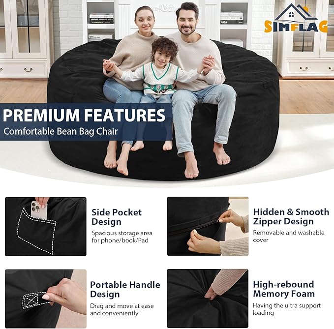 6FT Bean Bag Chair, Large Bean Bag Chairs with Memory Foam Filled, Fluffy Beanbag Sofa with Dutch Velvet Cover, Round BeanBag Chairs for Living Room, Playroom - Black