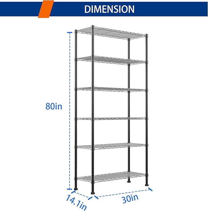 REGILLER 6-Wire Shelving Metal Storage Rack Adjustable Shelves,Standing Storage Shelf Units for Laundry Bathroom Kitchen Pantry Closet(Black,14.1" D x 30" W x 80" H)