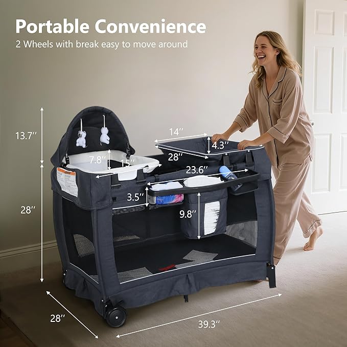 Kinder King 4 in 1 Foldable Pack n Play with Bassinet & Changing Table, Portable Nursery Center for Babies and Toddlers, Convertible Newborn Crib Baby Bed with Toys & Canopy, Storage Bag, Dark Gray