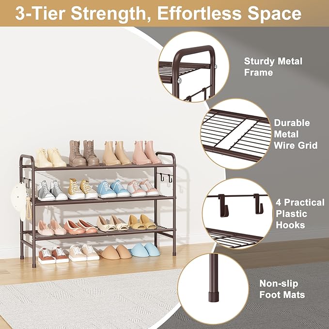 3 Tier Shoe Rack 33" Wide Metal Shoe Organizer Long Shoe Storage with 4 Side Hooks Sturdy Shoes Shelf for Front Door Entrance, Closet, Garage, Dorm, Brown