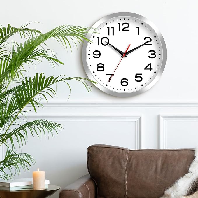 Wall Clock Silent Non-Ticking Modern Clock Battery Operated 12 Inch Small Classic Analog Decorative for Kitchen, Bathroom, Office, Bedroom, Home(Silver)