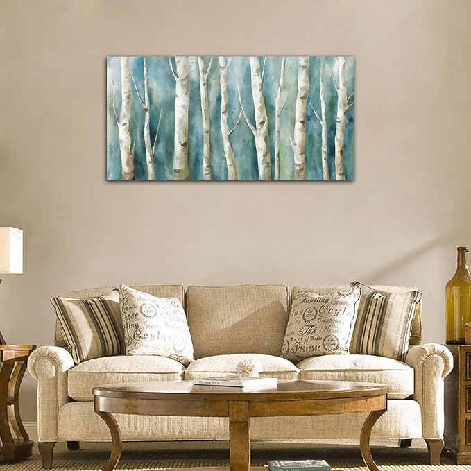 Birch Trees Canvas Wall Art - Abstract Birch Pictures for Wall Decor Modern Turquoise Canvas Painting Nature Printing Artwork for Living Room Bedroom Home Office Wall Decoration 24" x 48"