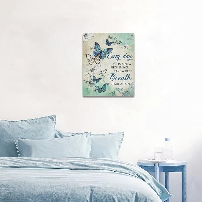 Farmhouse Floral Wall Decor - Teal Butterfly Canvas Prints with Inspirational Quotes - Modern Home Decorations for Bathroom, Girls Bedroom, Living Room