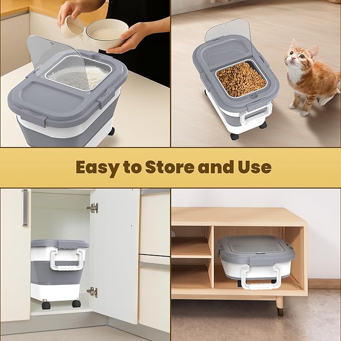 20-30Lbs Rice Container,Collapsible Airtight Food Storage Containers with Wheels,Handle,Rice Storage Container with Small Bin and Scoop,Rice Dispenser for Flour Sugar Cereal Grain Dog Cat