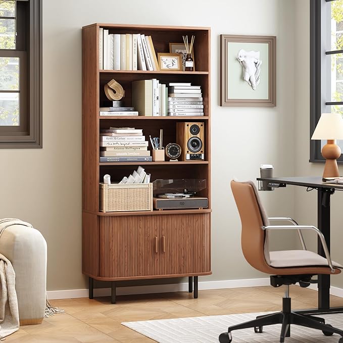 71" Tall Bookshelf, 4-Tier Bookcase with Storage Cabinet & Adjustable Storage Shelf, Freestanding Wood Bookshelf with Sliding Door and Adjustable Footpad, for Home Office, Living Room, Walnut
