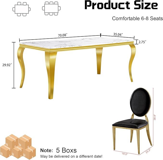 7-Piece Dining Table Set for 6, Faux Marble Modern Dining Table Set with 6 Round Backrest Upholstered Chairs, 70“ Stainless Steel Legs Table & Chair Set for Kitchen, Black & Gold