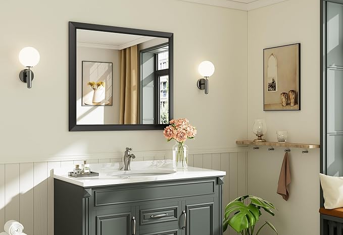 36x32 Inch Black Bathroom Mirror for Wall, Thick Metal Framed Rectangle Mirrors for Over Sink, Bedroom, Living Room, Entryway, Anti-Rust, HD Tempered Glass