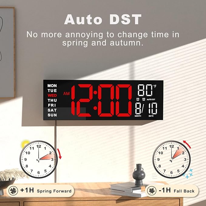 JALL 16" Large Digital Wall Mount Clock, Count Down Timer, Alarm, Big LED, RGB Color, DST, Temperature for Living Room Classroom Desk, Xmas, Birthday Gift for Senior Mom Dad (Red White, 16 inches)