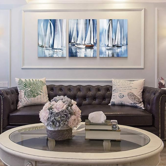 3 Piece Framed Canvas Wall Art For Living Room Bathroom Bedroom Wall Art Decor Ocean Landscape Sailboat Abstract Canvas Painting Ready To Hang Office Home Decoration Sea Poster Pictures Wall Artworks