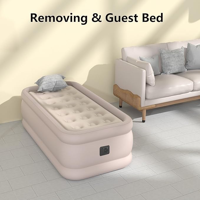 Twin Air Mattress with Built in Pump, Single Air Bed with Portable Storage Bag, 18'' Blow up Mattress Suitable for Home and Guests, Top Flocking, 18" Twin Khaki