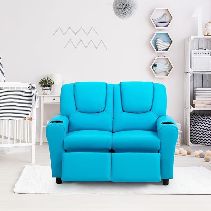 AVAWING Toddler Recliner, Double Children Couch with Cup Holder, PU Leather Kids Sofa, Kids Loveseat w/Adjustable Footrest & Headrest for Boys and Girls 3+ Age Group, Blue