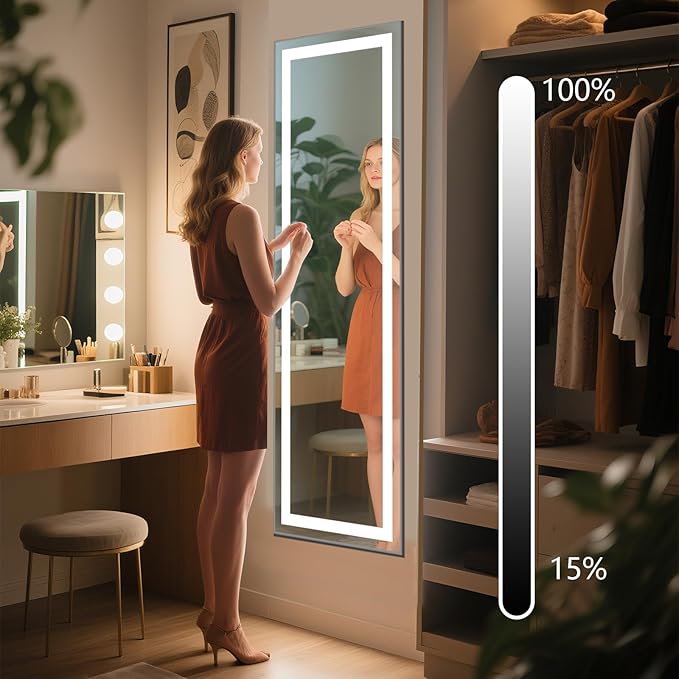 66x22 Frameless Full Length Mirror, Dimmable 3 Color LED Light w/Memory Function, Distortion Free, HD Reflection & Anti Desilvering, Tempered Glass & Shatter Proof Film Doubling Safety