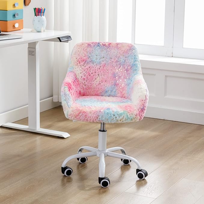 HEAH-YO Swivel Kids Chair with Wheels, Adjustable Kids Desk Chair with Armrest and Back, Cute Faux Fur Kid Study Chairs for Boys and Girls, Light Multi-Colour