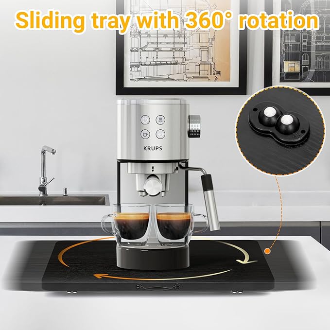 360° Rotatable Sliding Tray for Kitchen Appliances, Wooden Sliding Tray for Coffee Maker, Coffee Pot Slides for Countertop Installation, Easy to Slide (Black, Large)