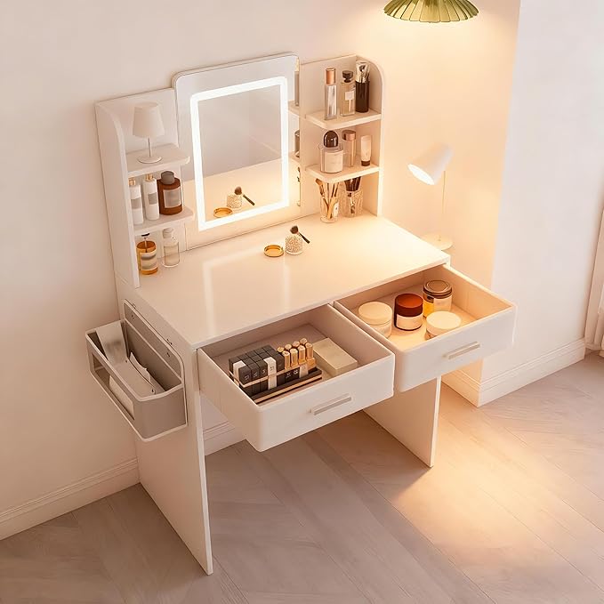 Casaphoria White Vanity Desk with 3-Color LED Mirror, 27.5" Makeup Table with Storage Drawers for Bedroom, Vanity Table with Hair Dryer Stand & Non-Woven Storage Bag for Women and Girls
