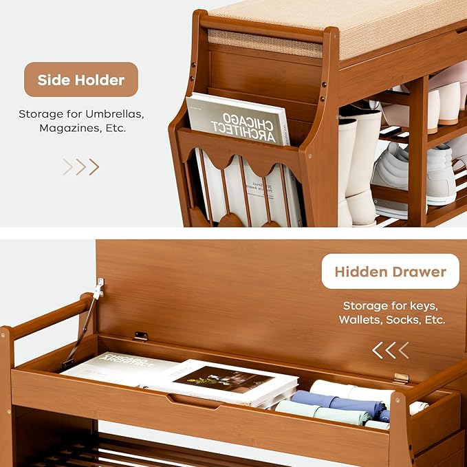 47.2in Shoe Bench Entryway - Bamboo Shoe Rack Bench with Storage, Shoe Rack Organizer with Cushion, 2 Side Holder, Holds Up tp 330lbs for Front Door Entrance, Living Room