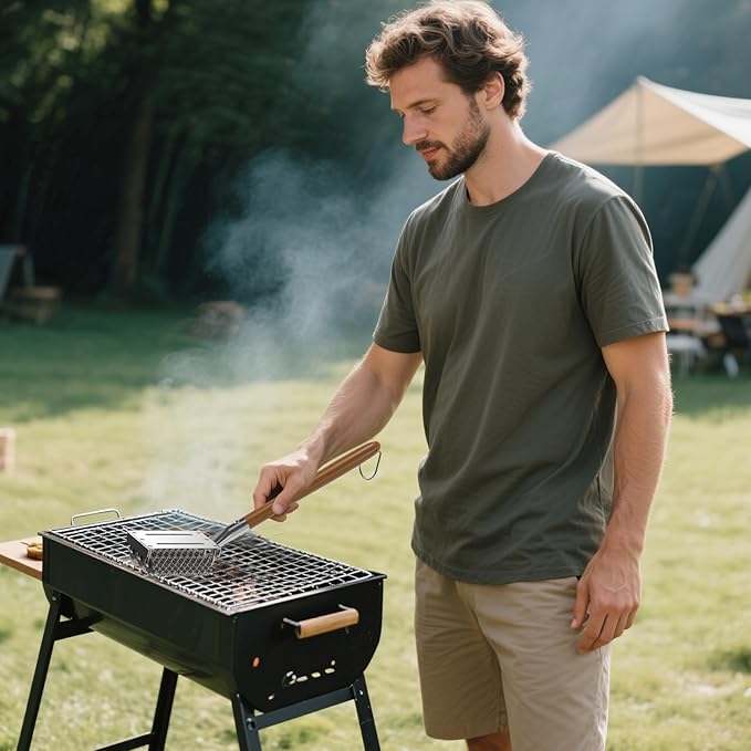 HOUSE AGAIN Grill Brush Bristle Free, 304 Stainless Steel Food-Grade Brush Head with Scraper, Safe BBQ and Grill Grate Cleaner Non Wire, Outdoor Grill Cleaning Brush w/Wooden Handle Gift for Men/Dad