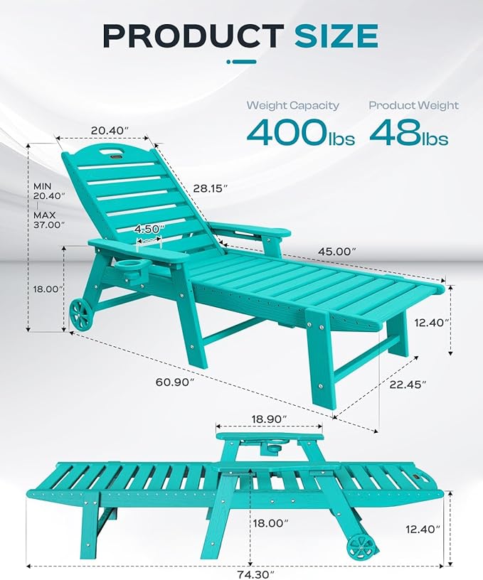 Outdoor Chaise Lounge Chair Set of 2, Patio Lounge Chairs for Outside, HDPE Lounge Chair with Wheels & Cup Holder, Poly Chair with 5 Position for Poolside, Deck, Lake Blue
