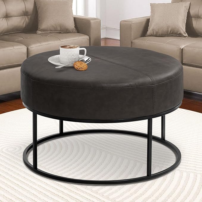 Modern Round Coffee Table, Farmhouse Ottoman for Living Room, Large Vintage Leather Coffee Tables with Leather Upholstered Padded Seat [Round, Vintage Black, 30'']