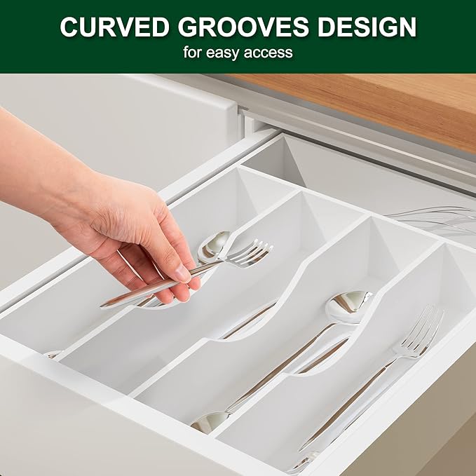 Bellsal White Utensil Organizer 10 Inch Silverware Tray for Drawer - 5 Compartment Small Narrow Bamboo