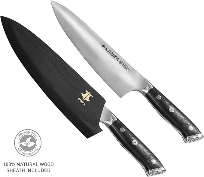 KANKA Professional 8 inch Chef Knife – High Grade 1.4116 Stainless Steel, Ultra-Premium G-10 Fiberglass Handle, Premium Wood Sheath Included – Essential Kitchen Knife for Chefs
