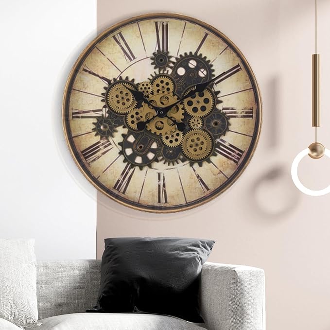 20 Inch Bronze Yellow Steampunk Wall Clock with Decorative Gears, Industrial Vintage Analog Clock for Living Room, Farmhouse, Office Decor, Silent Non-Ticking Battery Operated
