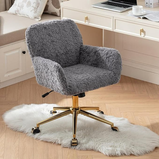 Goujxcy Faux Fur Home Office Chair, Upholstered Elegant Makeup Vanity Chair for Teen Girls Teddy Fabric Swivel Desk Chair, Height Adjustable Leisure Elegant Chair for Home Office (Gray)