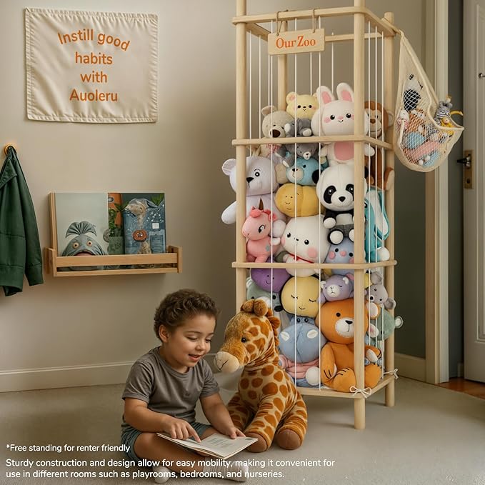 Stuffed Animal Storage or Organizer, Wooden Zoo Cage Toy Holder with Plush Hammock and Net Bottom for Toddlers Playroom, Bedroom