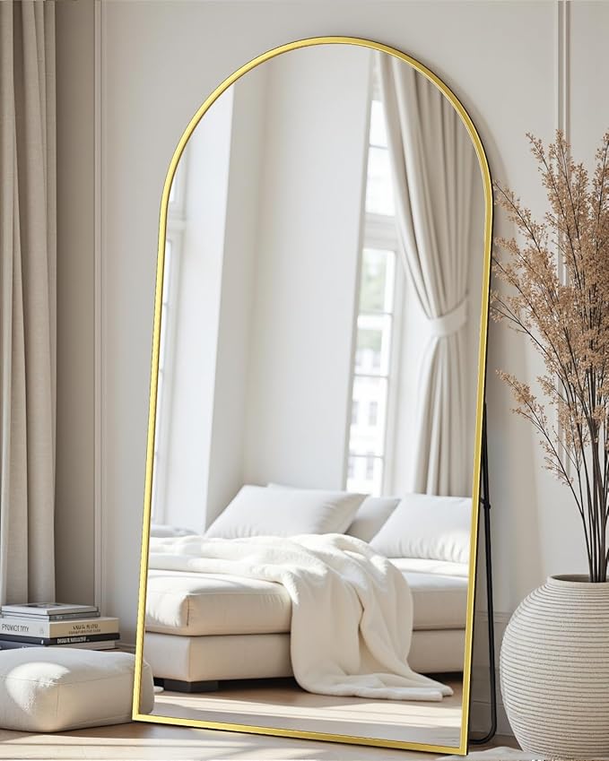 Full Length Mirror with Stand, 82"x44" Arched Full Body Mirror, Large Stand Up Mirrors, Aluminum Frame Floor Standing Mirrors, Freestanding Hanging Leaning Mounted for Bedroom Living Room Gold