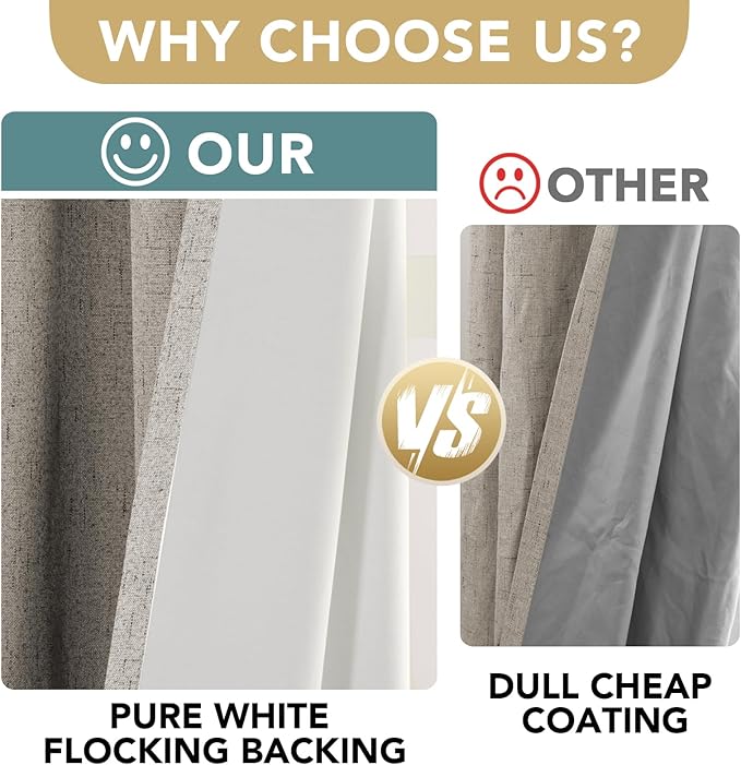 H.VERSAILTEX Linen Blackout Curtains 54 Inches Long 100% Absolutely Blackout Thermal Insulated Textured Linen Look Curtain Draperies Anti-Rust Grommet, Energy Saving with White Liner, 2 Panels, Stone