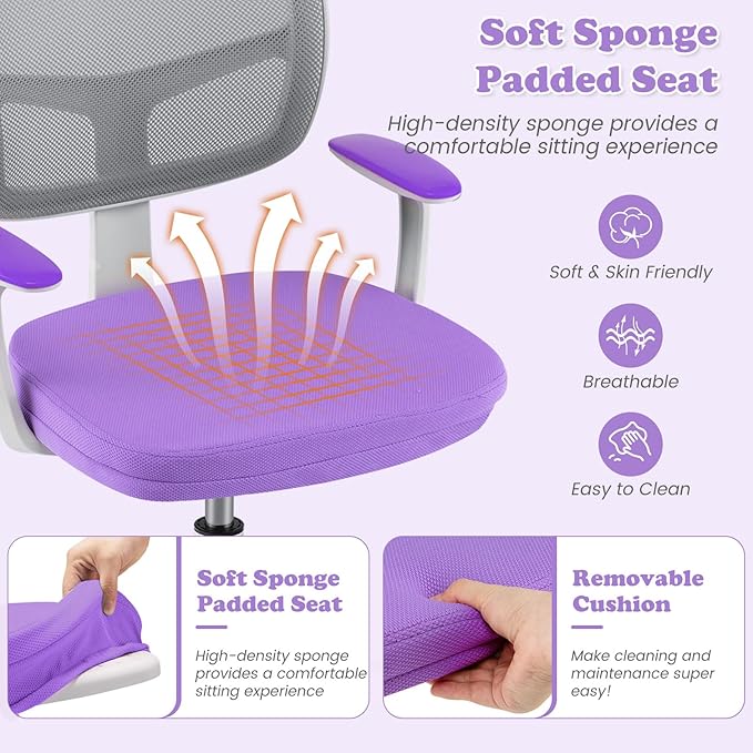 Giantex Kids Desk Chair, Children Computer Chair with Wheels and Y-Shaped Lumbar Support, Mesh Kids Office Chair, Height Adjustable Desk Chair for Girls Boys Aged 4-13, Purple