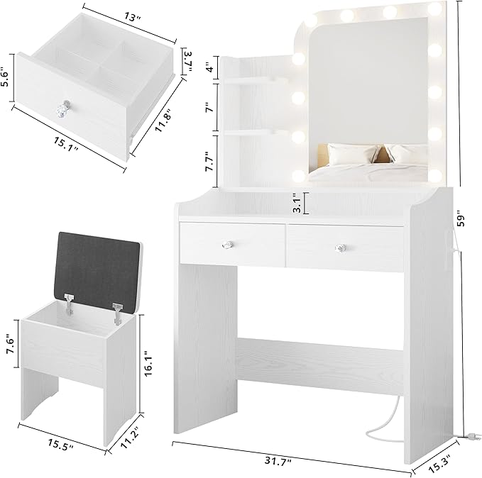 LIKIMIO Vanity Desk with Mirror and Lights, Makeup Vanity Table Set with Storage Stool, Makeup Drawer Organizer, 3 Color Modes Adjustable Bulb, Power Outlet, White Vanity for Bedroom