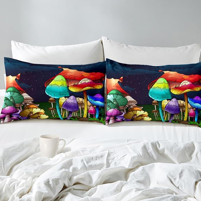 Mushroom Comforter Set Queen Size, Cute Mushroom Patterns Bedding Sets for Boys Bedroom, Girls Ultra Soft Comforter Set Queen Size 3Pcs with Pillowcases