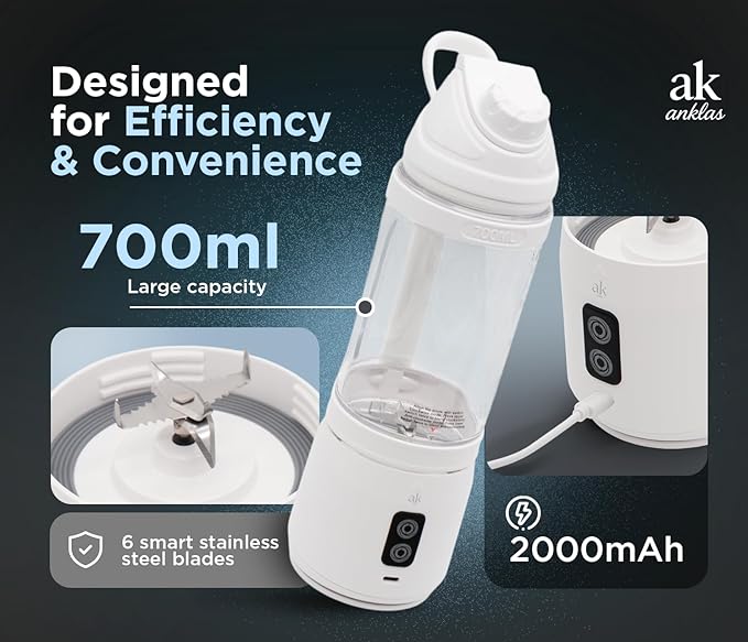 Rechargeable Smoothie Blender 700ml – Portable Mini Travel Blender for Shakes and Smoothies with Six Stainless Steel Blades and USB Charging (White)