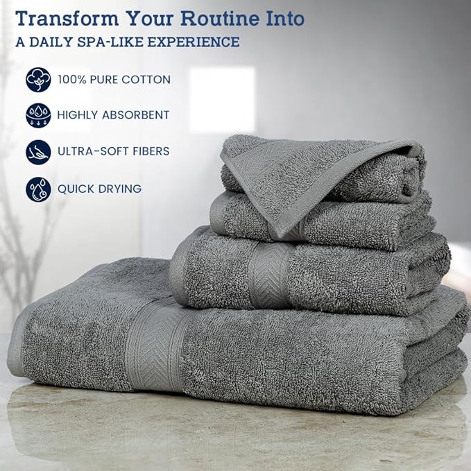 Casa Lino 100% Cotton Bath Towels Set of 4 (1 Bath Towel, 1 Hand Towel & 2 Wash Cloths) - Bathroom Towels and Washcloths Set - Complete Bathroom Set - Guest Room Essentials - (Silver Grey)