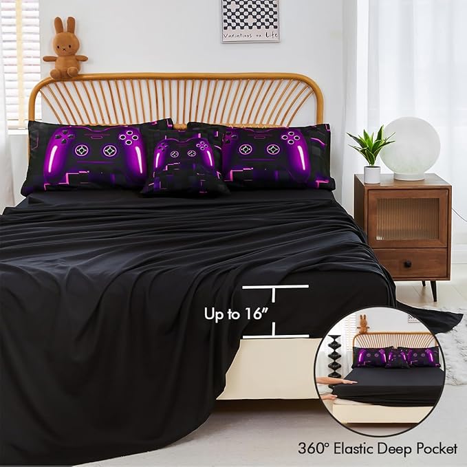 PERFEMET 6 Pieces Bed in A Bag Gamer Comforter Set Queen Size Purple Gaming Bedding Set for Boys Kids Teen Soft Lightweight Video Game Black Quilt Bedspread Set(Purple, Queen)