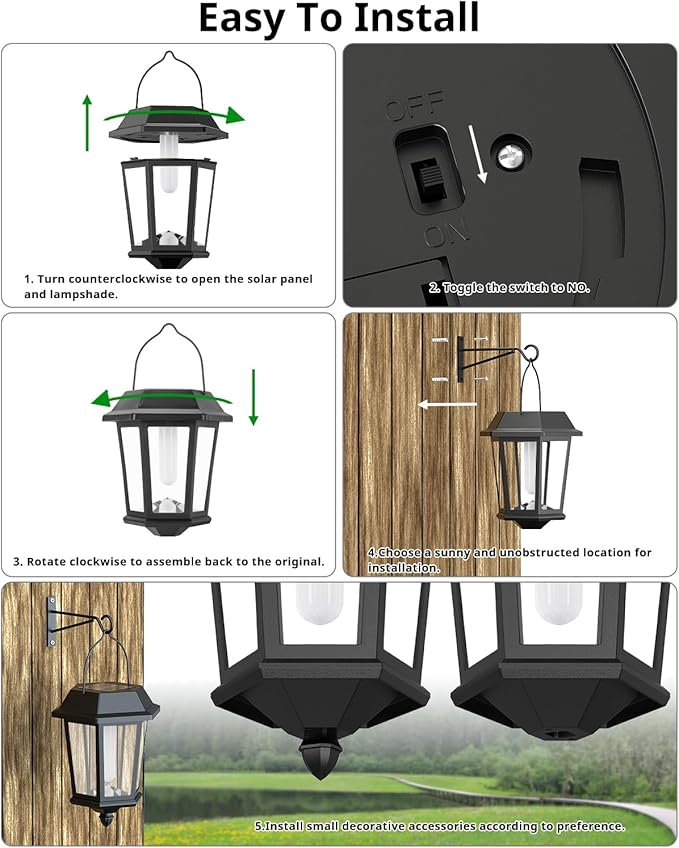 Solar Lanterns Outdoor Waterproof, Hanging Solar Lights with Glass Shade - 2 Pack LED Metal Wall Mount Outdoor Light for Yard/Garden/Patio - Flame