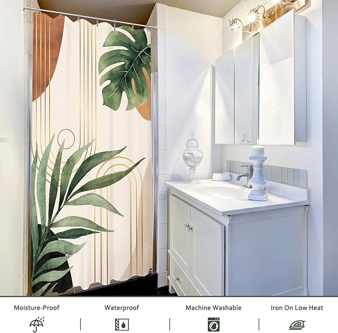 Glawry Small Stall Narrow Shower Curtain 36Wx72L Inches Tropical Bohemian Leaves Mid Century Abstract Boho Botanical Bathroom Curtains Set Plant Palm Leaf Green Minimalist Bath Home Decor Fabric