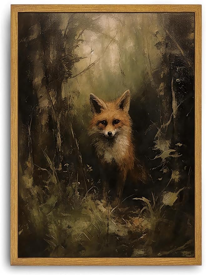 Djmwtb Vintage Framed Wall Art Fox Canvas Wall Art Prints Forest Animal Pictures Dark Academia Painting Wall Decor Artwork for Living Room Bedroom Bathroom Office 16x24in