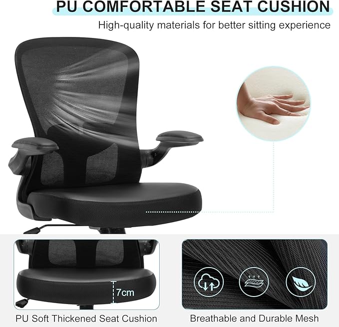 Office Chair, Ergonomic Desk Chair with Flip-up Armrests, PU Leather Computer Chair Home Office Desk Chairs with Lumbar Support, Mesh Swivel Executive Chair Rolling Task Chair, Black