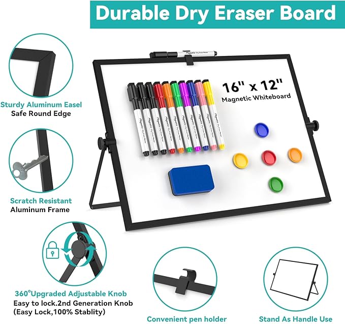 Dry Erase White Board, Cazeyoo Magnetic Desktop Whiteboard 16 x 12inch with Stand, 10 Markers, 4 Magnets and 1 Eraser, Portable Double-Sided White Board for Kids Drawing, Office, Home, School - Black