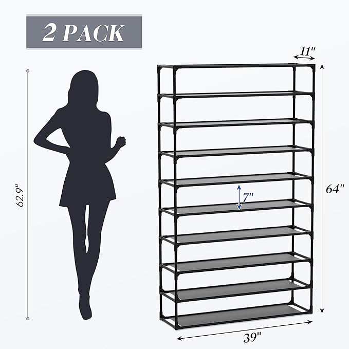 TY ARTS & CULTURE 2 Pack 10-Tiers Shoe Rack Organizer, Sturdy Metal Pipes & Durable Non-Woven Fabric, Space Saving Tall Shoe Shelf Hold 80-100 Pairs, Shoe Racks for Entryway (Black)