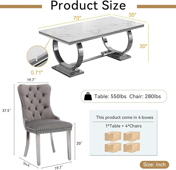 Goujxcy 5 Piece Marble Dining Table Set for 4, Luxury 70" White Marble Silver Kitchen Table with 4 Grey Velvet Upholstered Chairs, Modern 4 Person Dining Room Table Set for Kicken Dining Office Room