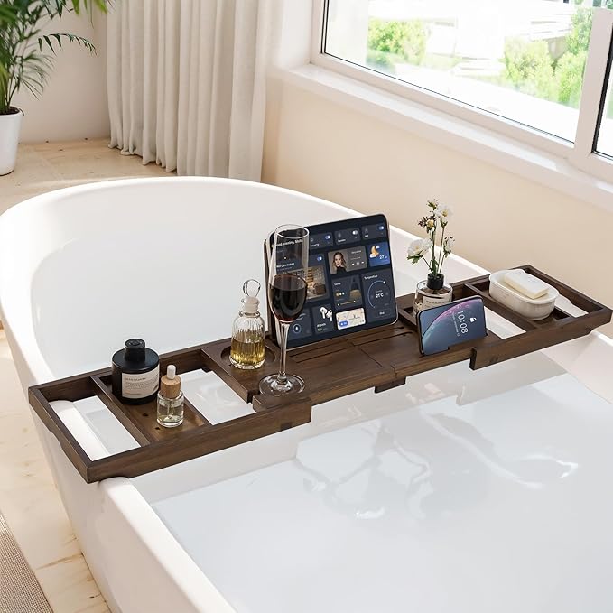 Teak Bathtub Tray Expandable Bathroom Tray for Home Spa Relaxation, Wooden Tray Caddy for Bathtub, Teak Bathtub Caddy as Unique Housewarming, Birthday, Wedding Shower Gifts (Dark Walnut)
