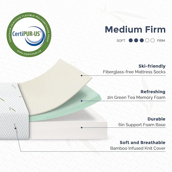 IULULU King Mattress in a Box, 6 Inch Memory Foam Mattress with Breathable Bamboo Cover, Green Tea King Size Mattress Made in USA for Cool Sleep, Medium Firm, CertiPUR-US Certified