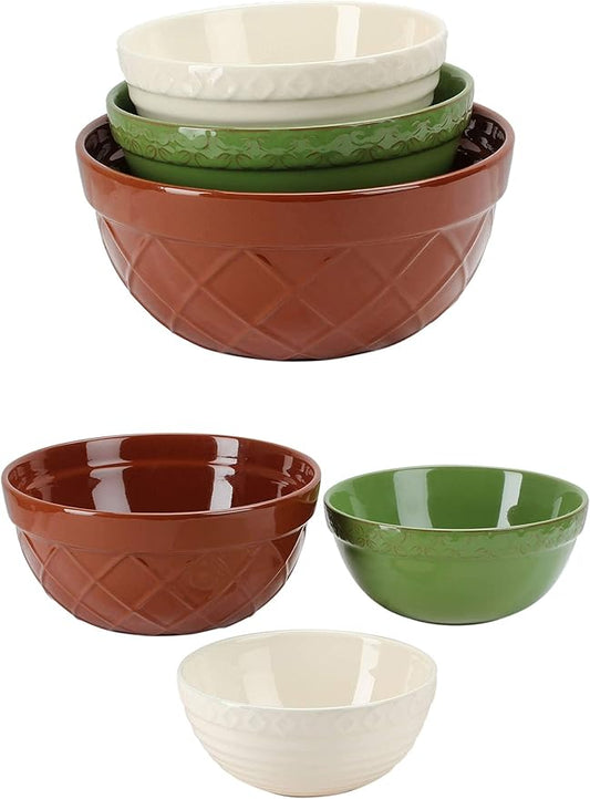 Omniware Vintage Bakeware Mixing Bowls, Set of 3 - Stoneware with Nesting Embossed Design, Lead-Free Glaze - Dishwasher Safe Tableware for Cooking, Baking, Food Prep (Assorted)