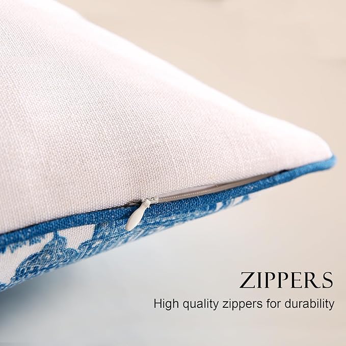 patdrea Designer Square Throw Pillow Covers Set of 2,Rustic Linen with Chinoiserie Blue Scenery Pattern Pillows Cover,Decorative Pillowcases Cushion for Bed Living Room Outdoor Car,18 x18 Inches