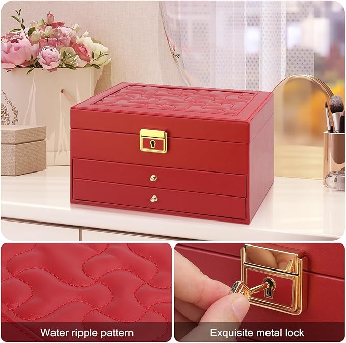 DesignSter Jewelry Box,Jewelry Organizer with 2 Drawers, 3 Layers Leather Jewelry Storage Box with Lock, Jewelry Storage Case for Necklaces Earrings Bracelets and Rings（Red）