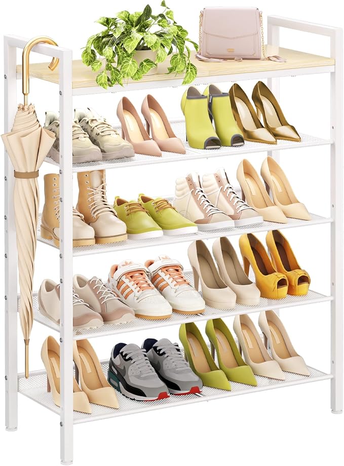 Shoe Rack for Front Door Entrance, 5 Tier Shoe Rack for Entryway, 16-20 Pairs of Shoes, Metal Shoe Racks Organizer, Free Standing Shoe Racks for Closet, Garage, Outdoor (White+Beige)